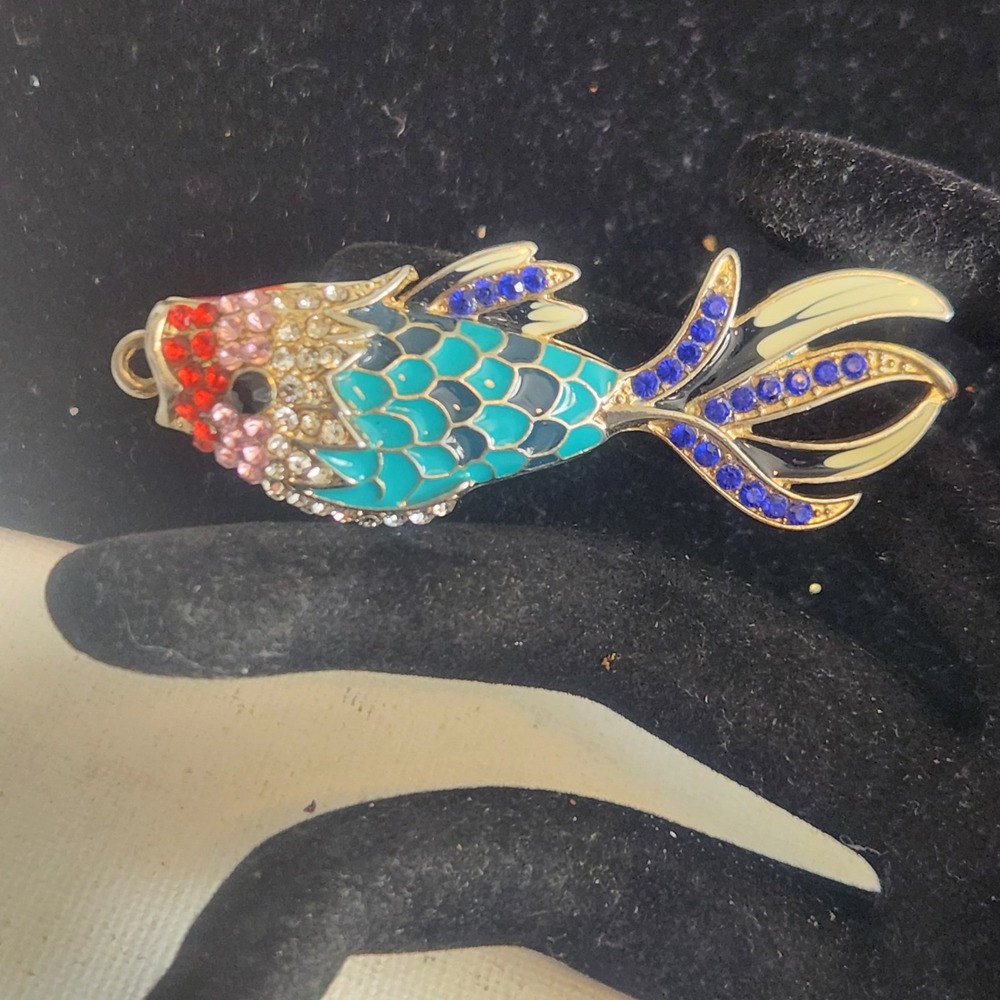 Multi Color Enamel Rhinestone Fish Pendant Blue Teal Red Gold Tone Jewelry U4